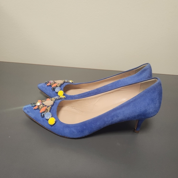 J. Crew COLLECTION Dulci Suede Kitten Heels Jeweled  Blue Italy Sz 5 - Picture 2 of 10
